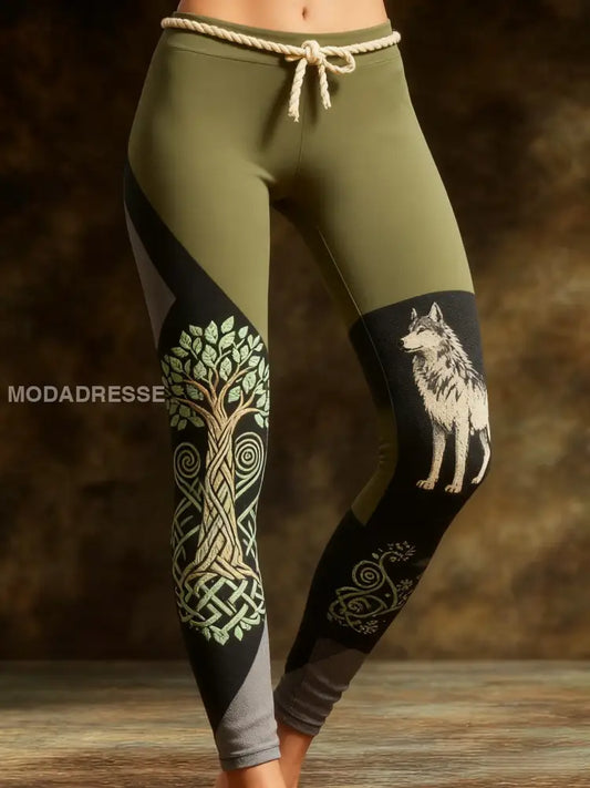 Kvinnors Vintage Viking Wolf Celtic Knop träd liv Patchwork Sport Stretch Leggings grönt / S