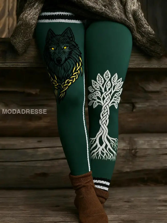Kvinnors Vintage Viking Wolf Celtic Knop träd liv Patchwork Sport Stretch Leggings grönt / S