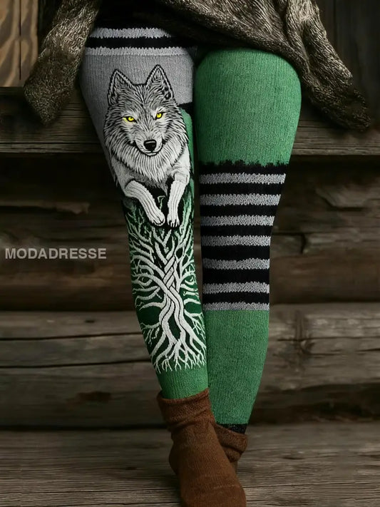 Kvinnors Vintage Viking Wolf Celtic Knop träd liv Patchwork Sport Stretch Leggings grönt / S