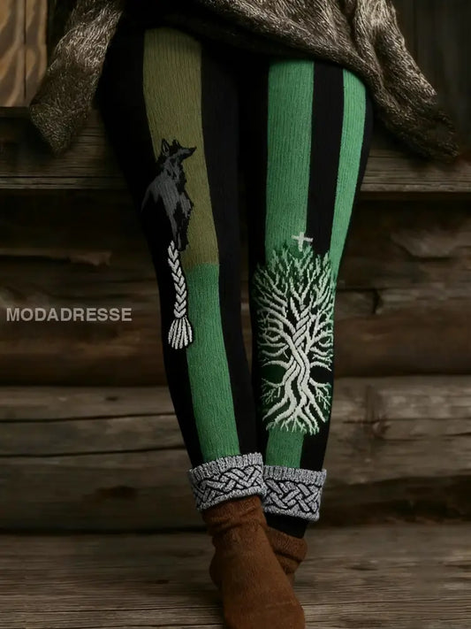 Kvinnors Vintage Viking Wolf Celtic Knop träd liv Patchwork Sport Stretch Leggings grönt / S