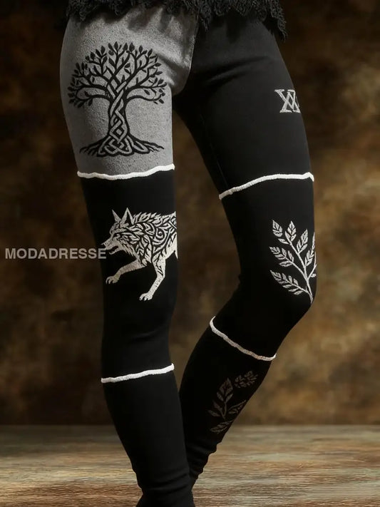 Kvinnors Vintage Viking Wolf Celtic Knop träd liv Patchwork Sport Stretch Leggings svart / S