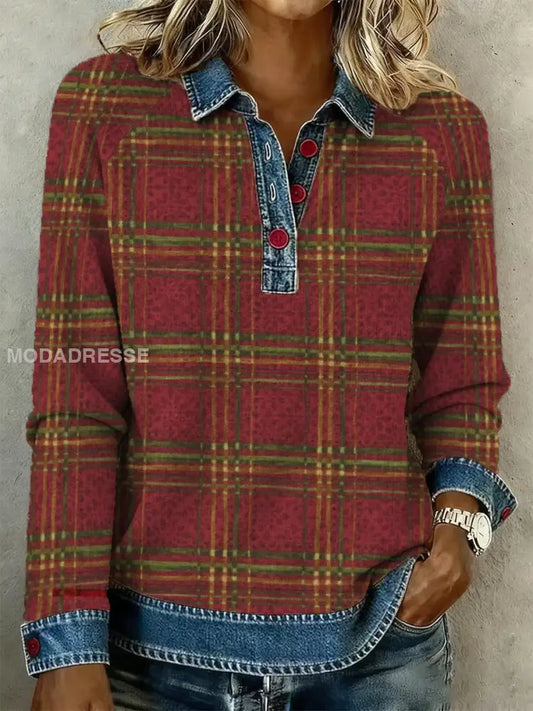 Kvinnorskjorta denim krager mörkröd / S
