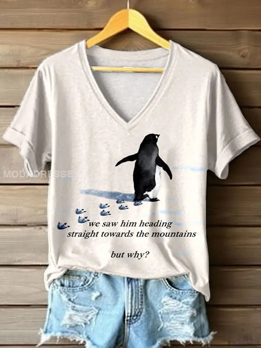 Kvins Nihilist Penguin Inspirerad konst Print V-hals T-shirt Aprikot / S