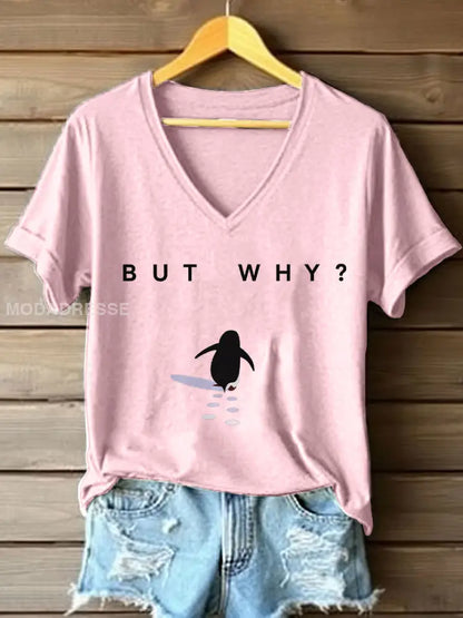Kvins Nihilistiska Penguin Konst Print V-hals T-shirt runk / S