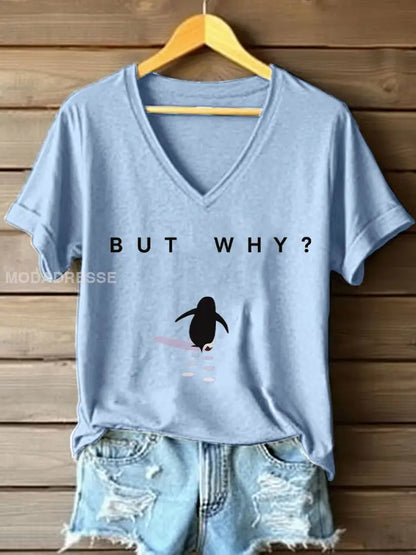 Kvins Nihilistiska Penguin Konst Print V-hals T-shirt skumblå / S