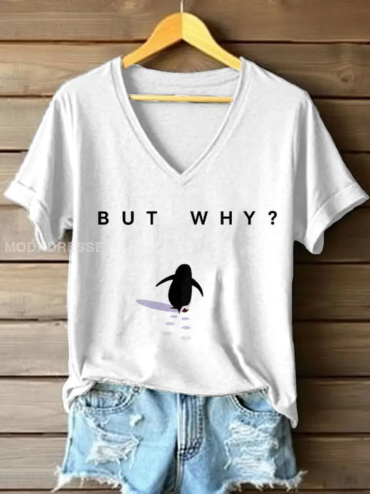 Kvins Nihilistiska Penguin Konst Print V-hals T-shirt vit / S