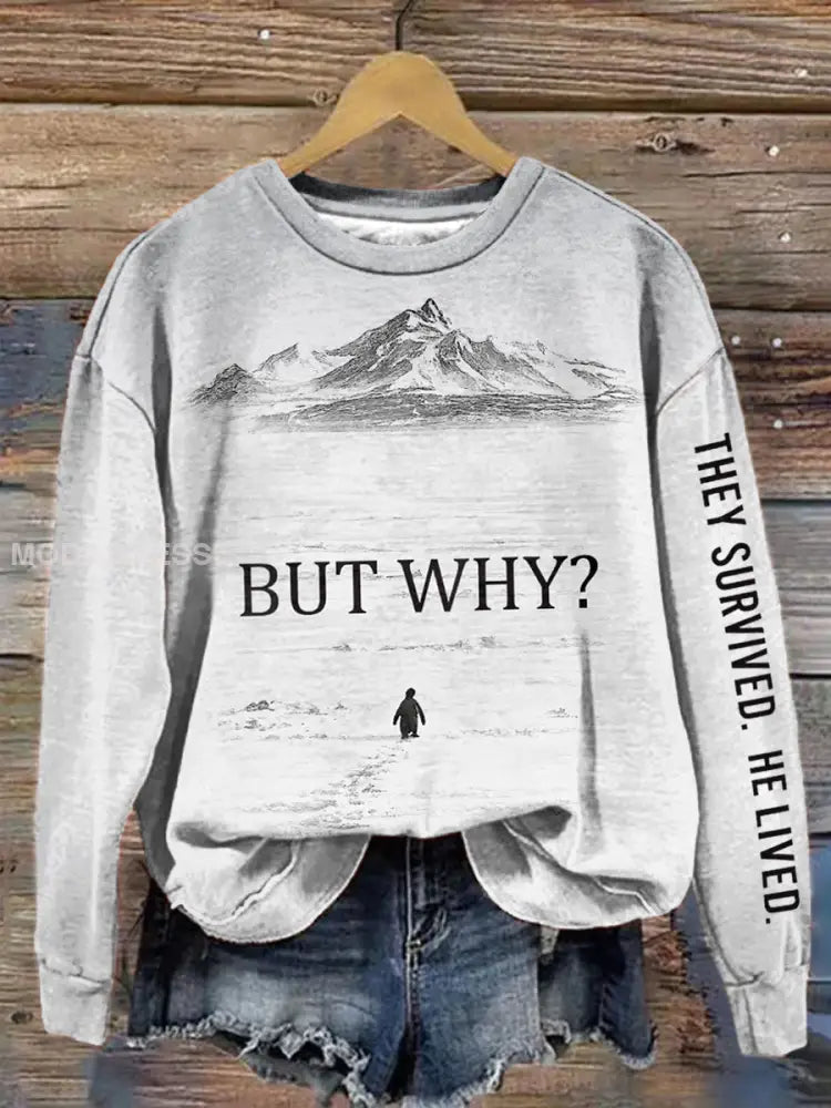 Kvins Nihilistiska Pingvin De överlevde Han levde Print Sweatshirt grå / S