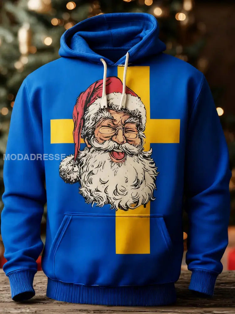 Män jultomten tryck långärmade hatt jacka blå / S