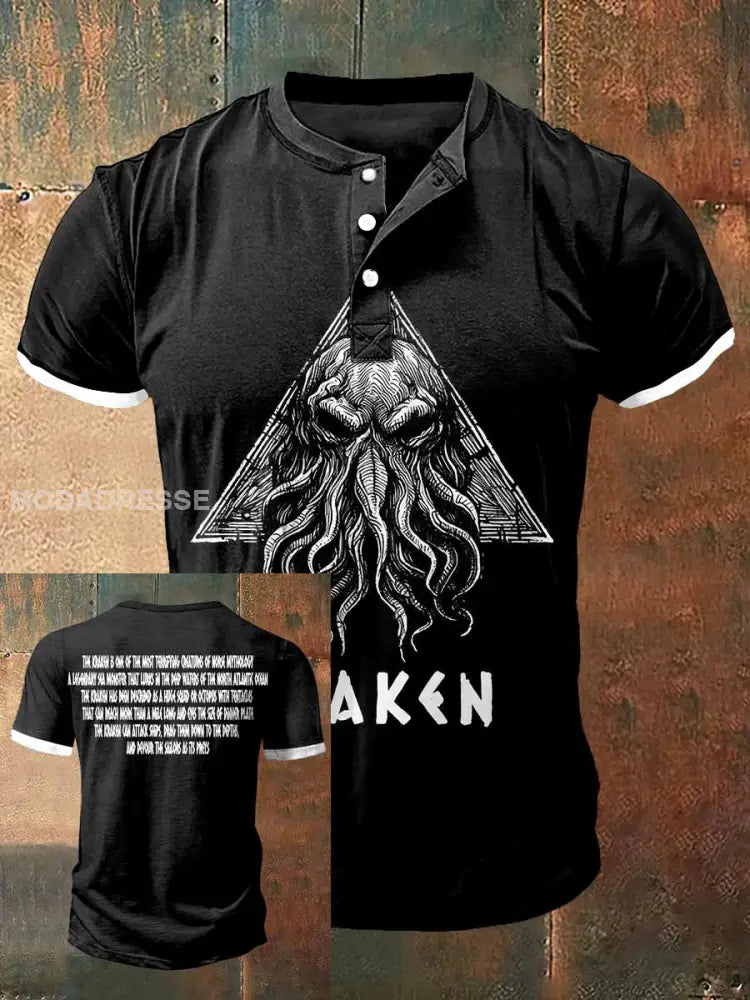 Män Kraken utskrift konst kort ärm hensley hals T-shirt S