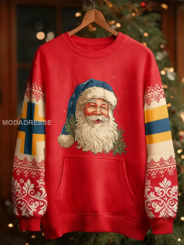 Män och kvinnor Samma jultomten tryck runda hals långärmade jacka röd / S