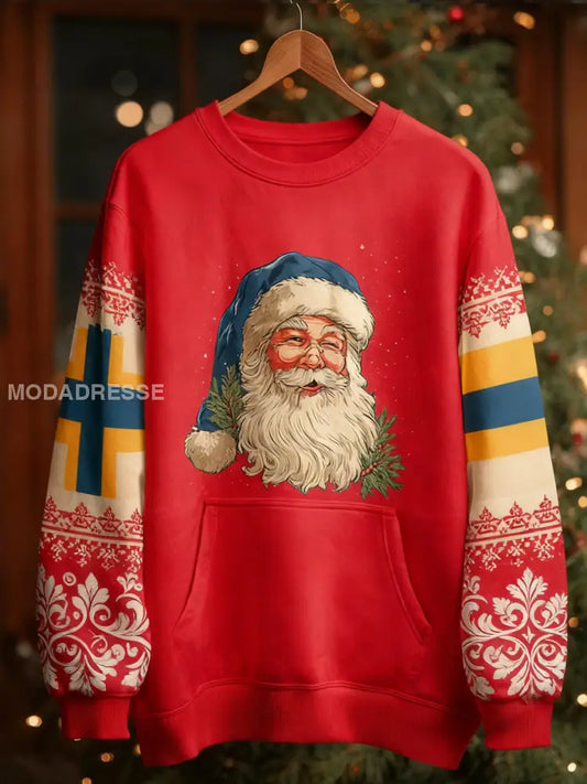 Män och kvinnor Samma jultomten tryck runda hals långärmade jacka röd / S