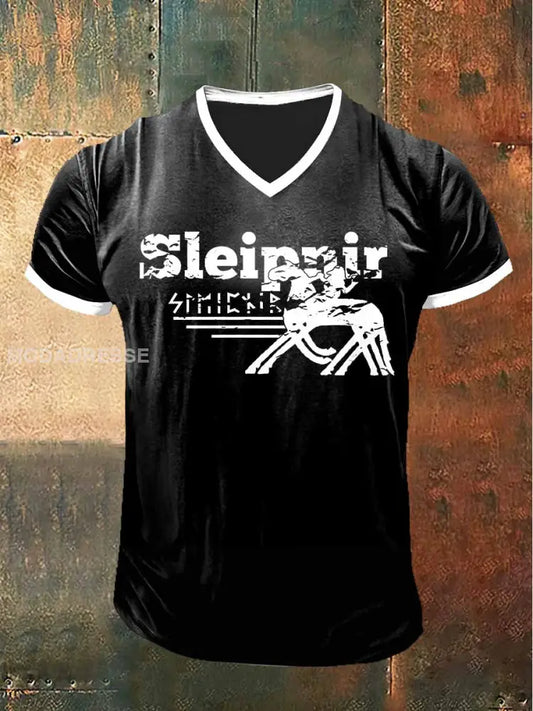 Män Sleipnir tryckt Vintage Mode kort ärm V-hals T-shirt S