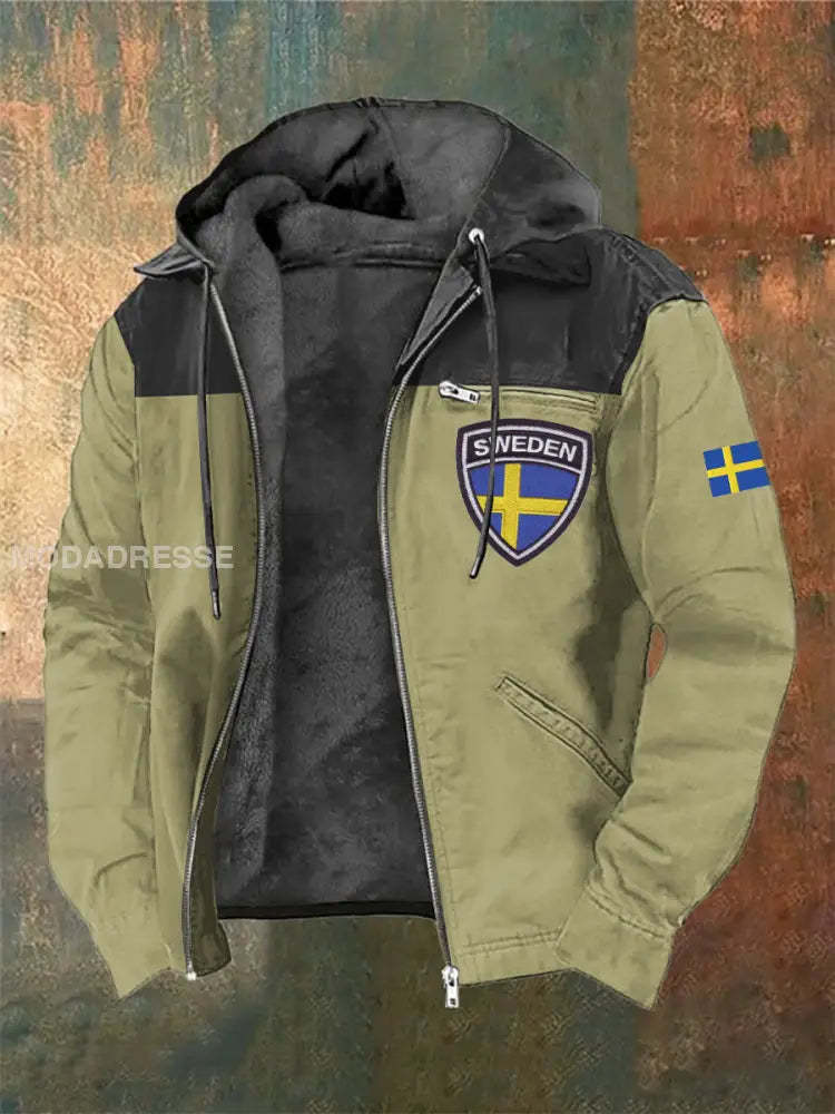 Män svensk flagga tryck långärmade hattjacka jacka Khaki / S