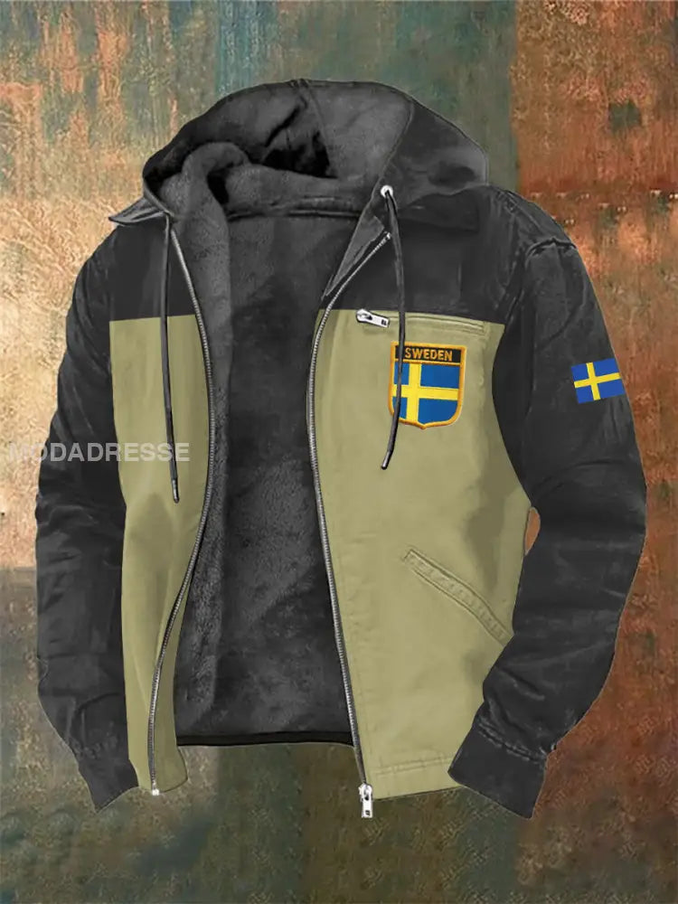 Män svensk flagga tryck långärmade hattjacka jacka Khaki / S