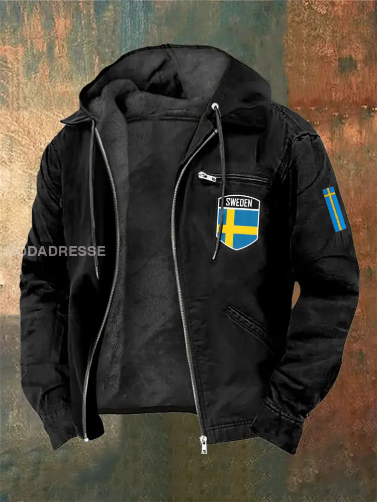 Män svenska tryck hatt långärmad jacka jacka svart / S