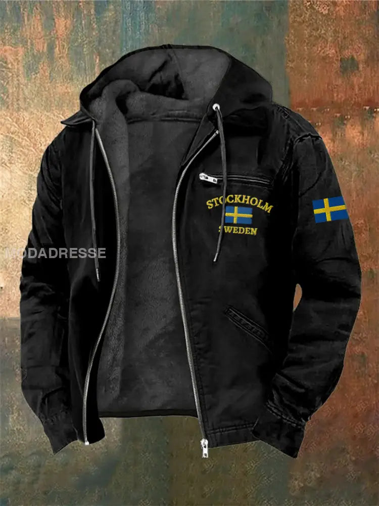 Män svenska tryck hatt långärmad jacka jacka svart / S