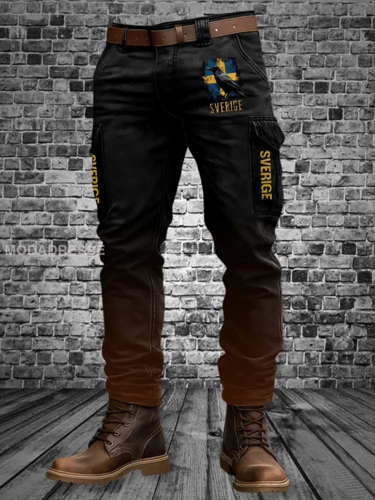 Män Vintage Crow svensk flagga konst tryck avslappnad arbetskläder byxor svart brun / S