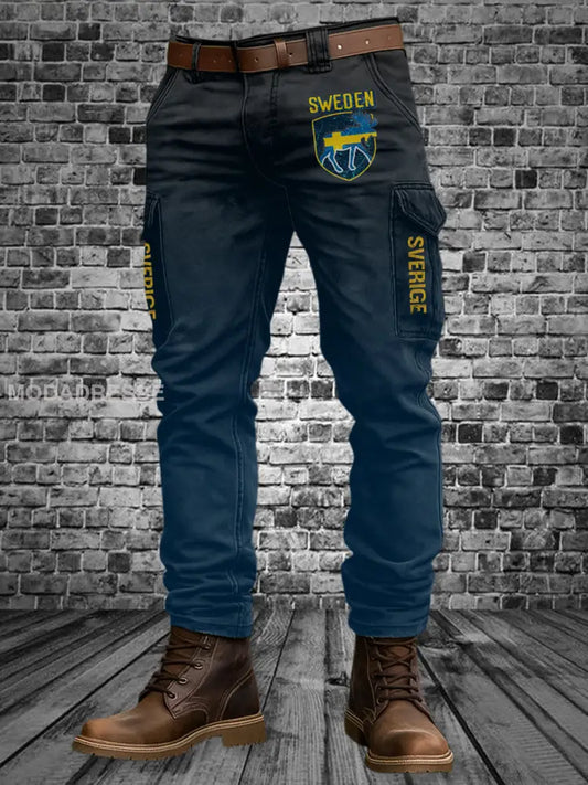 Män Vintage svensk konst tryck Casual arbetskläder byxor mörk blå / S