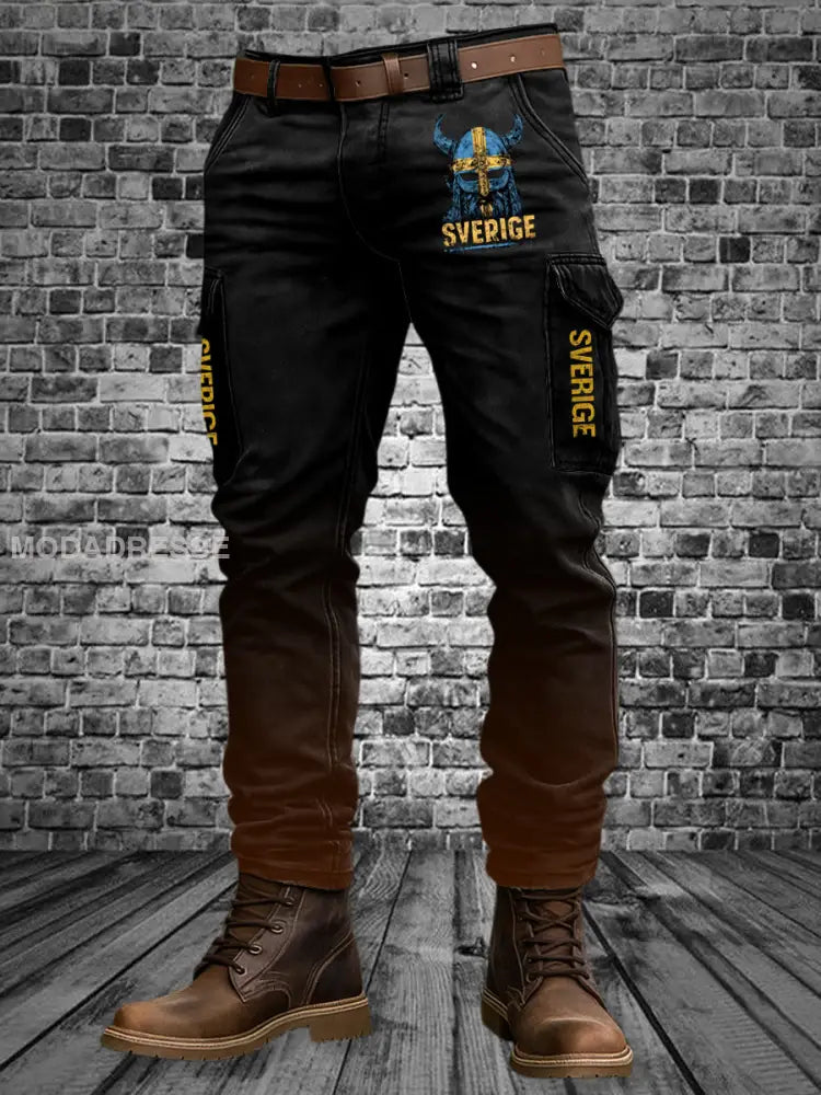 Män Vintage Viking krigare svensk flagga konst tryck avslappnad arbetskläder byxor svart brun / S