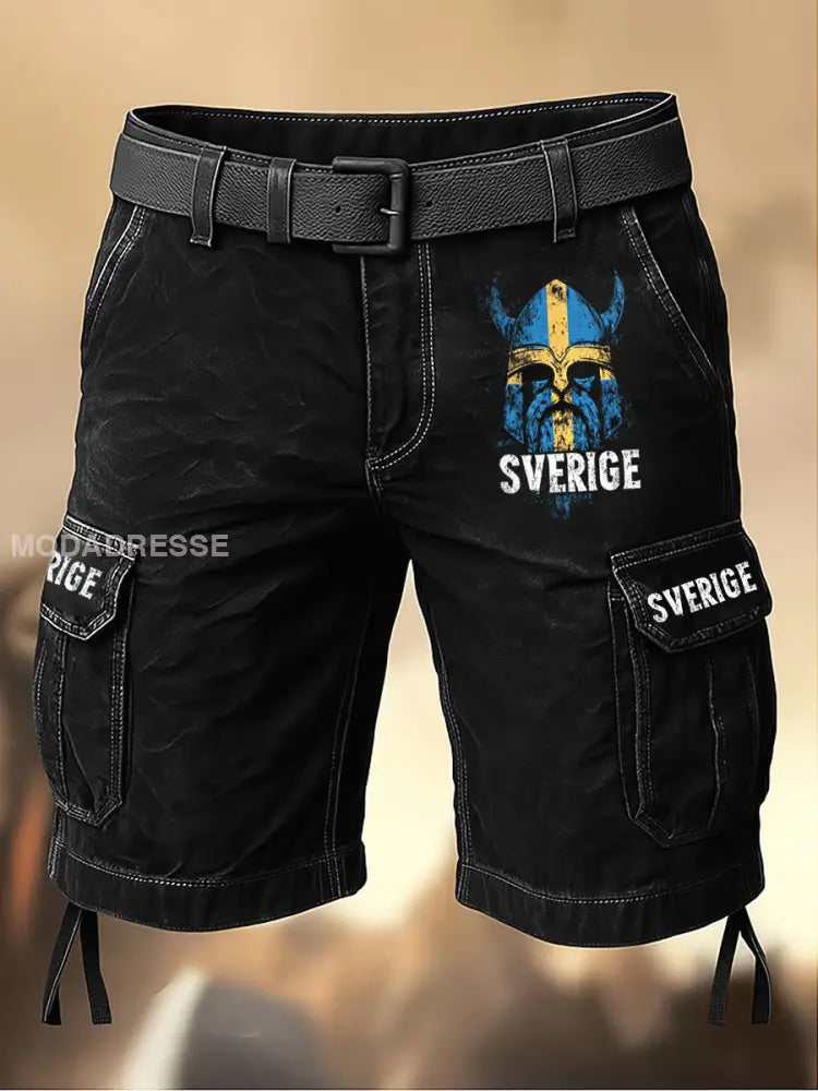 Män Vintage Viking krigare svensk flagga konst tryck fritids kläder shorts svart / S