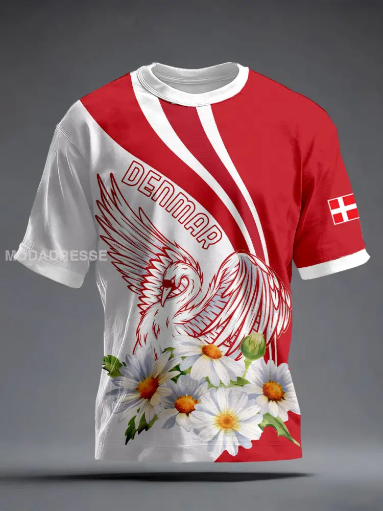 Mænds Danmark Inspireret Svane og Marguerite Daisy Print T-Shirt som billede / S