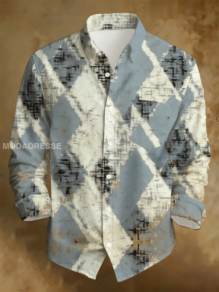 Mäns affärsstil Retro Distressed Tryckta långärmad skjorta A / S