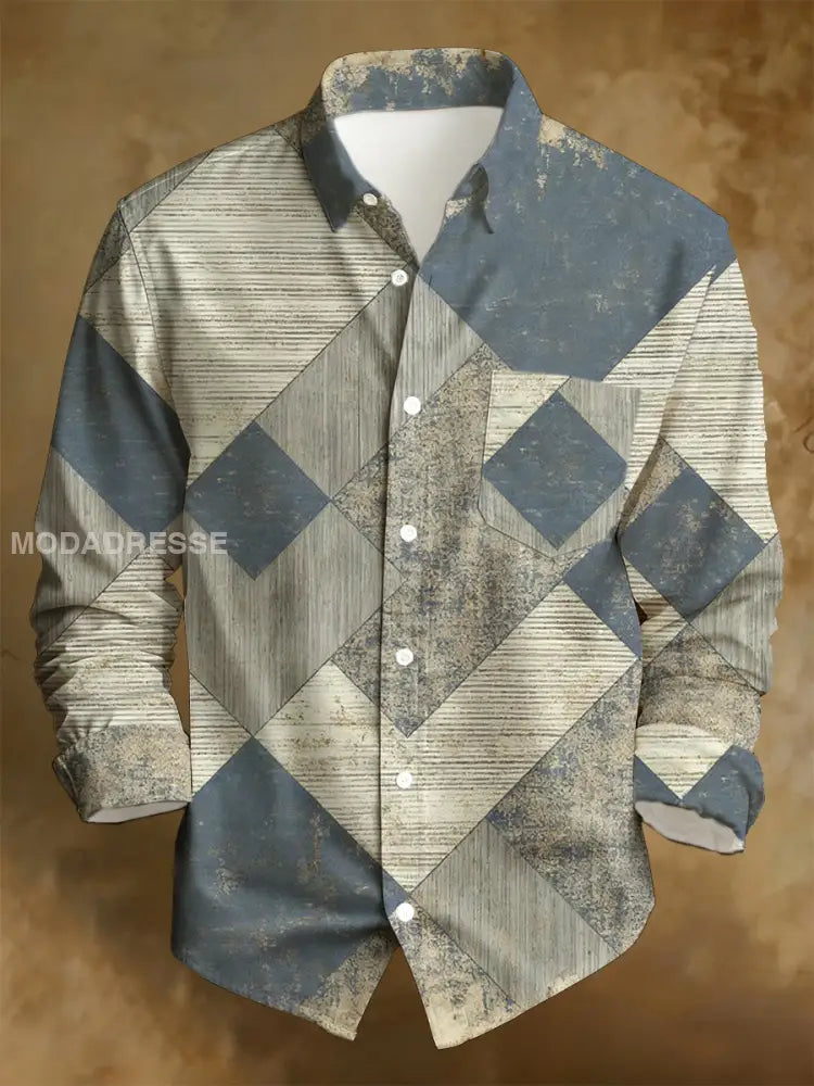 Mäns affärsstil Retro Distressed Tryckta långärmad skjorta A / S