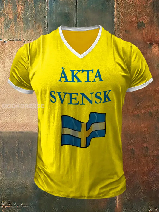 Mäns Akta Svensk Tryckt Vintage Mode kort ärm V-hals T-shirt S