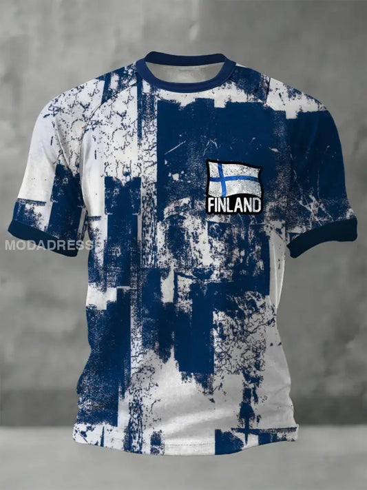 Mäns bekymrade marin-vit splatter ’FINLAND’ Flagg Ringer T-shirt flerlog / S