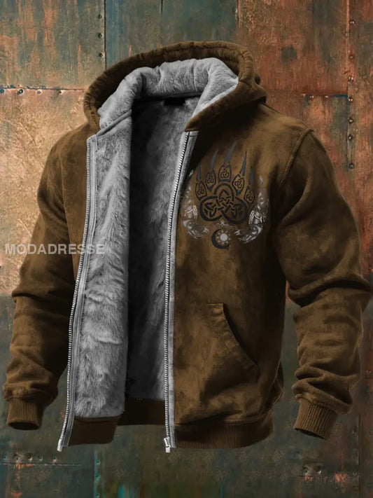 Mäns brun björn Paw keltisk knop utskrift Fleece fodrad huvad jacka flerlog / S