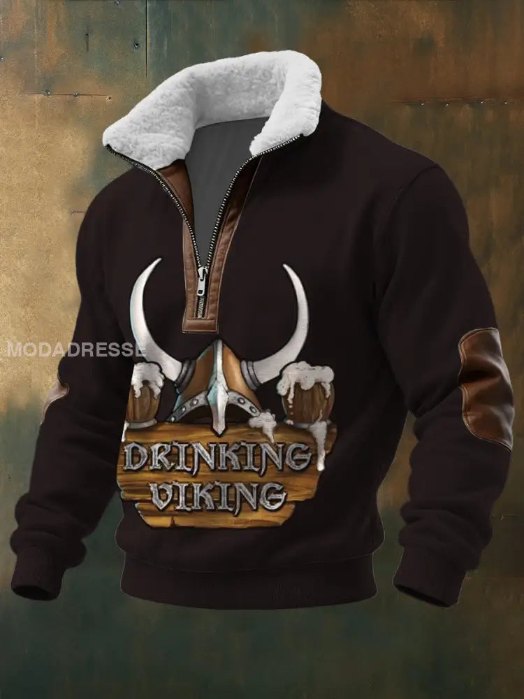 Mäns brun ’Drinking Viking’ Print Sherpa - Lined Zip Sweatshirt flerlog / S