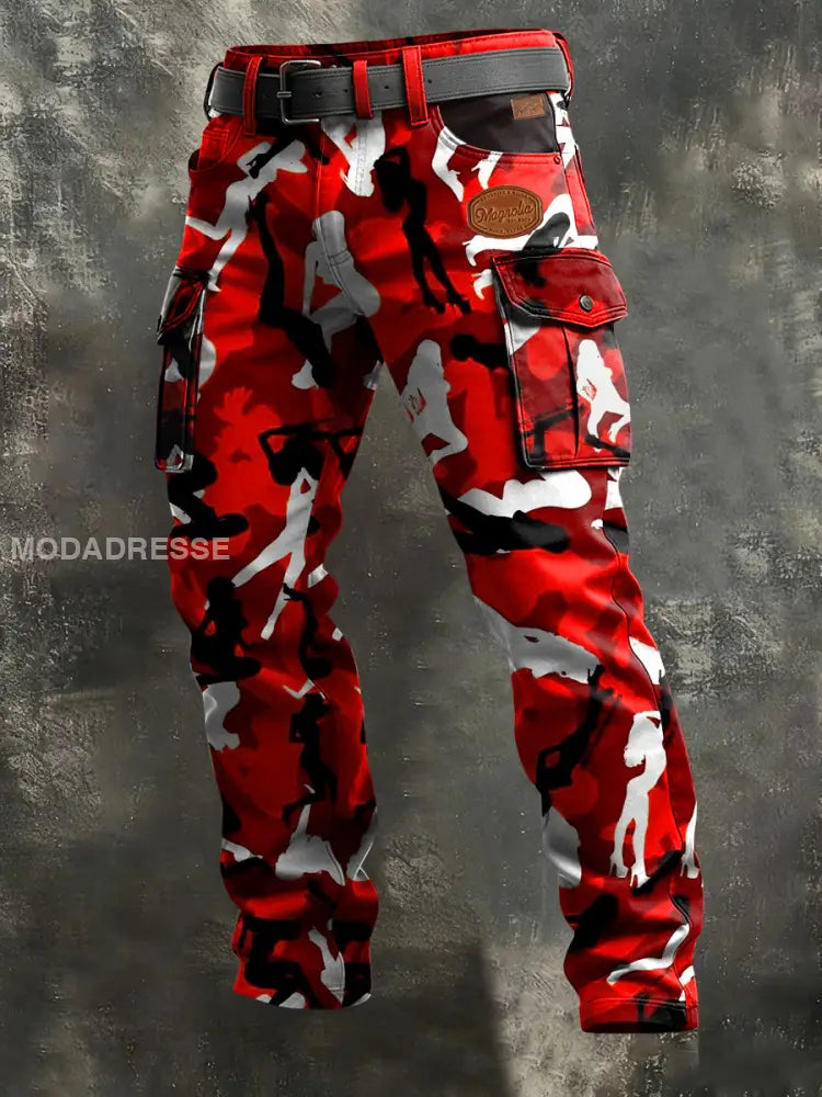 Mäns Camouflage Business Style Skriv ut Retro konst Casual Workwear Byxor röd / S