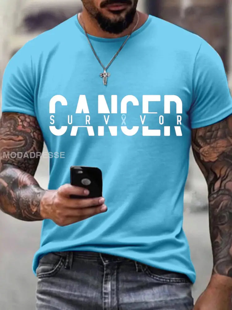 Mäns cancer överlevare Skriv ut T shirt ljusblå / S