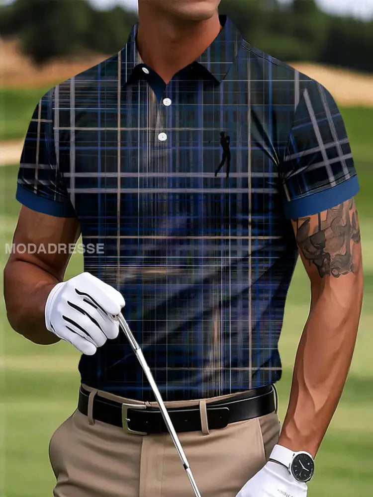 Mäns Classic Golf Checkered Art Print Casual Business Polo tröj S