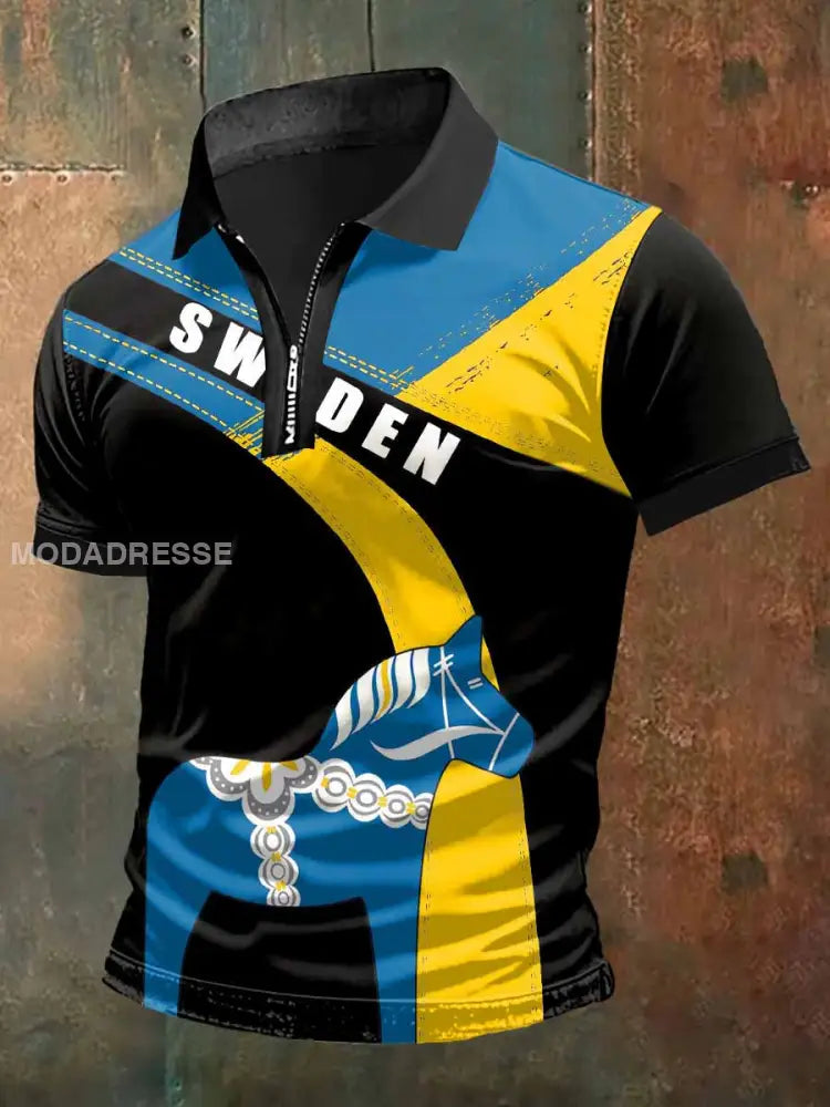 Mäns Dala Häst Skriv ut zip-up Polo hals kort ärm T-shirt S
