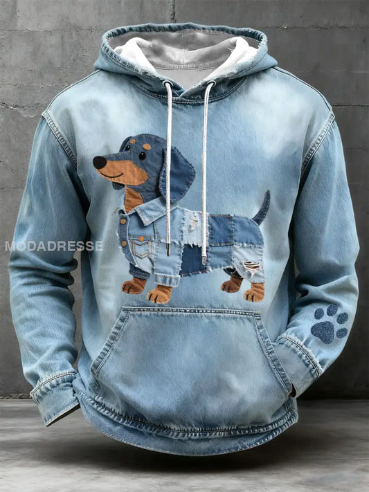 Mäns Denim Patchwork konst Dachhund Mönster Hoodie Konst blå / S