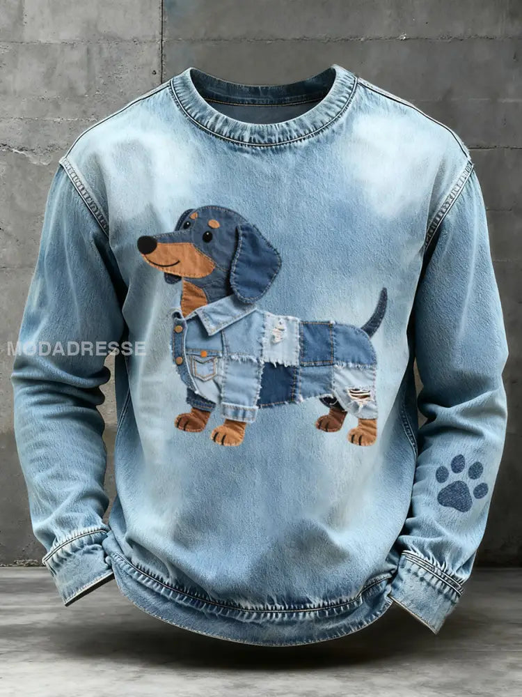 Mäns Denim Patchwork konst Dachhundd Mönster Sweatshirt blå / S