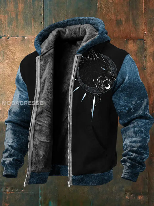 Mäns djärv blå-svart varg utskrift färg-block-lined Zip Jacka flerlog / S