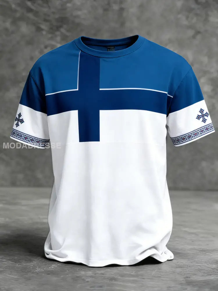 Mäns djärva finska flagga & Nordic knit manschett-t-shirt flerlog / S