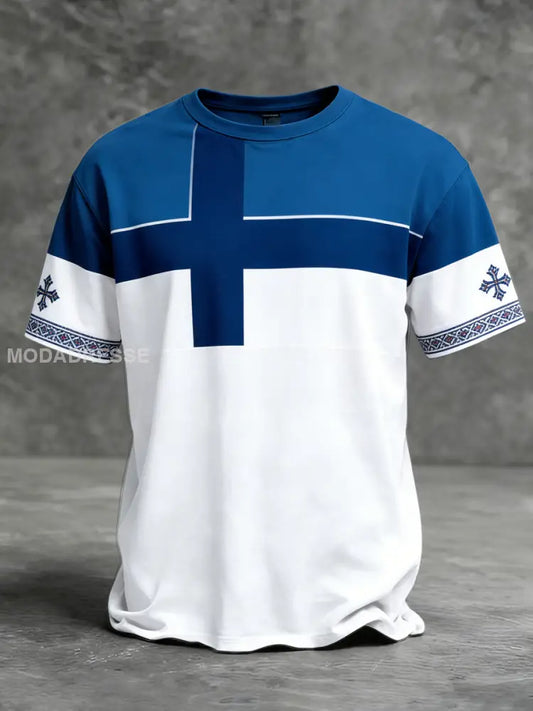 Mäns djärva finska flagga & Nordic knit manschett-t-shirt flerlog / S
