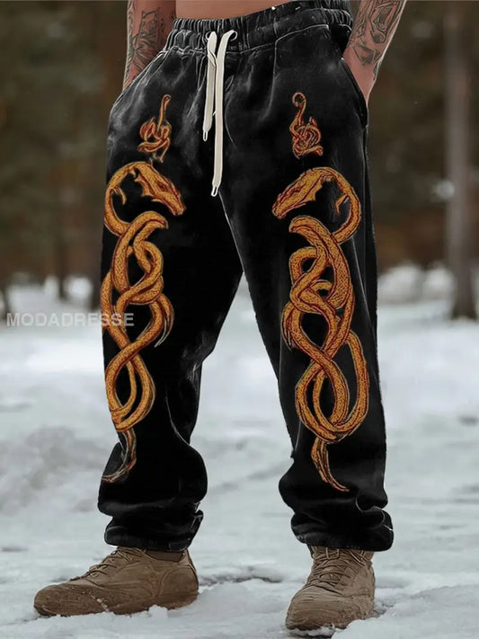 Mäns djärva gyllene drakeemblem svarta svettbyxor flerlog / S