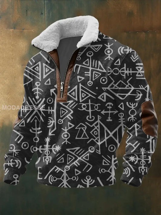 Mäns djärva nordiska symbol Mönster Sherpa krage Pullover Hoodie Sherpa flerlog / S