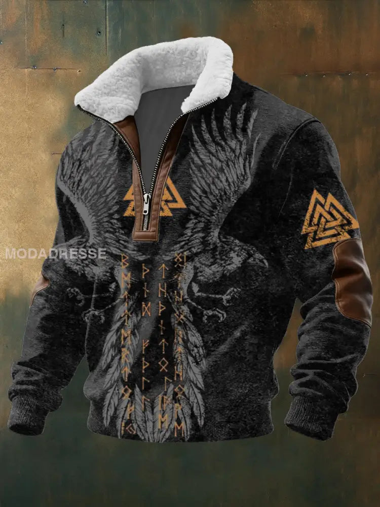 Mäns djärva raven & Rune Skriv ut Fleece-Collar Hoodie flerlog / S