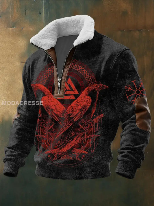 Mäns djärva röd korp & Valknut Viking Sherpa Hoodie flerlog / S