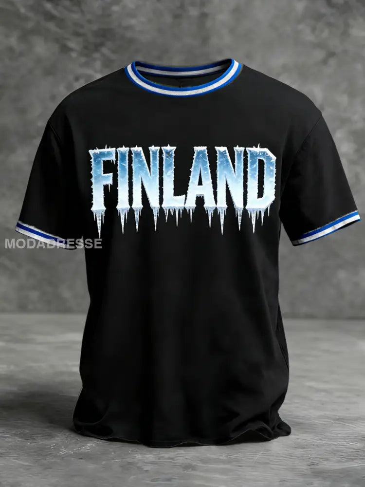 Mäns djärva svart is-stil ’FINLAND’ Ringer T-shirt flerlog / S