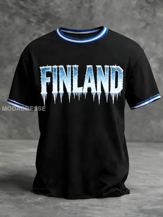 Mäns djärva svart is-stil ’FINLAND’ Ringer T-shirt flerlog / S