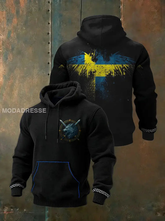 Mäns djärva Svart svenska Flag Eagle & Varg svärd Huska flerlog / S