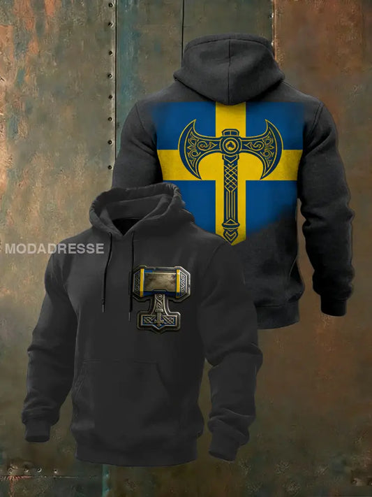 Mäns djärva Svart svenska flagga Thors Hammer Hoodie. flerlog / S
