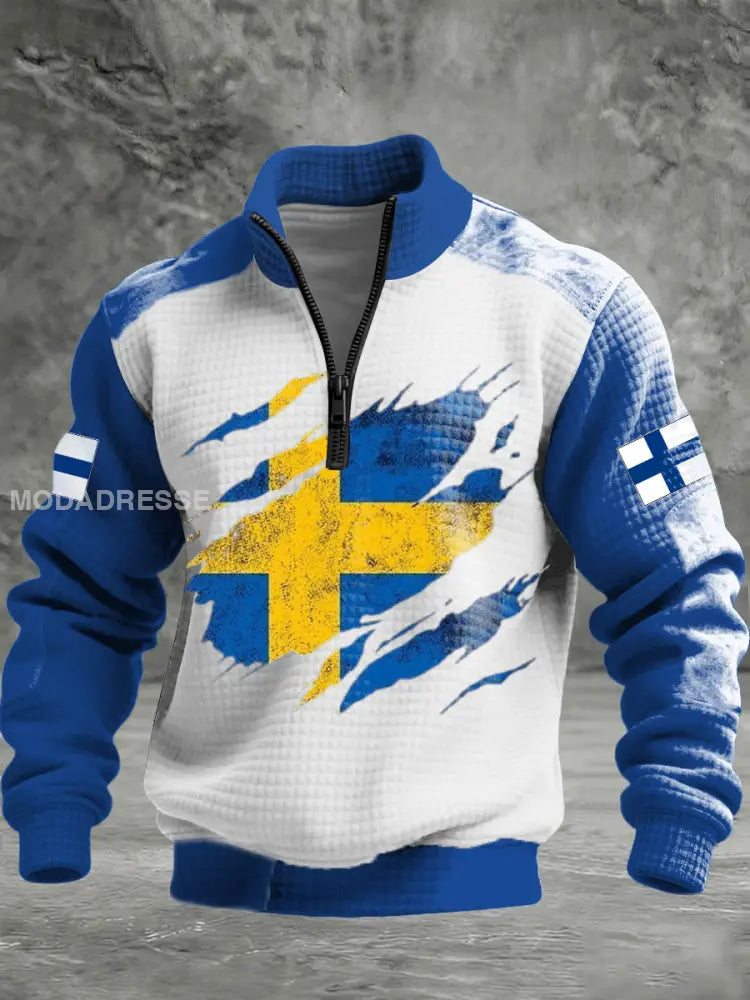 Mäns djärva svenska flagga Splatter & finsk flagg ärm Kvarts-Zip Sweatshirt flerlog / S