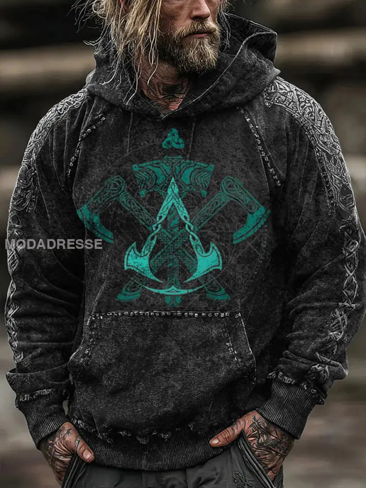 Mäns djärva Teal korsade yxor Viking Hoodie. flerlog / S